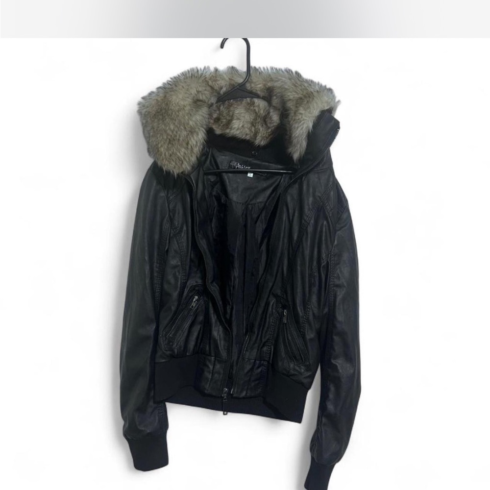 Faux Fur Hooded Black Leather Bomber Jacket